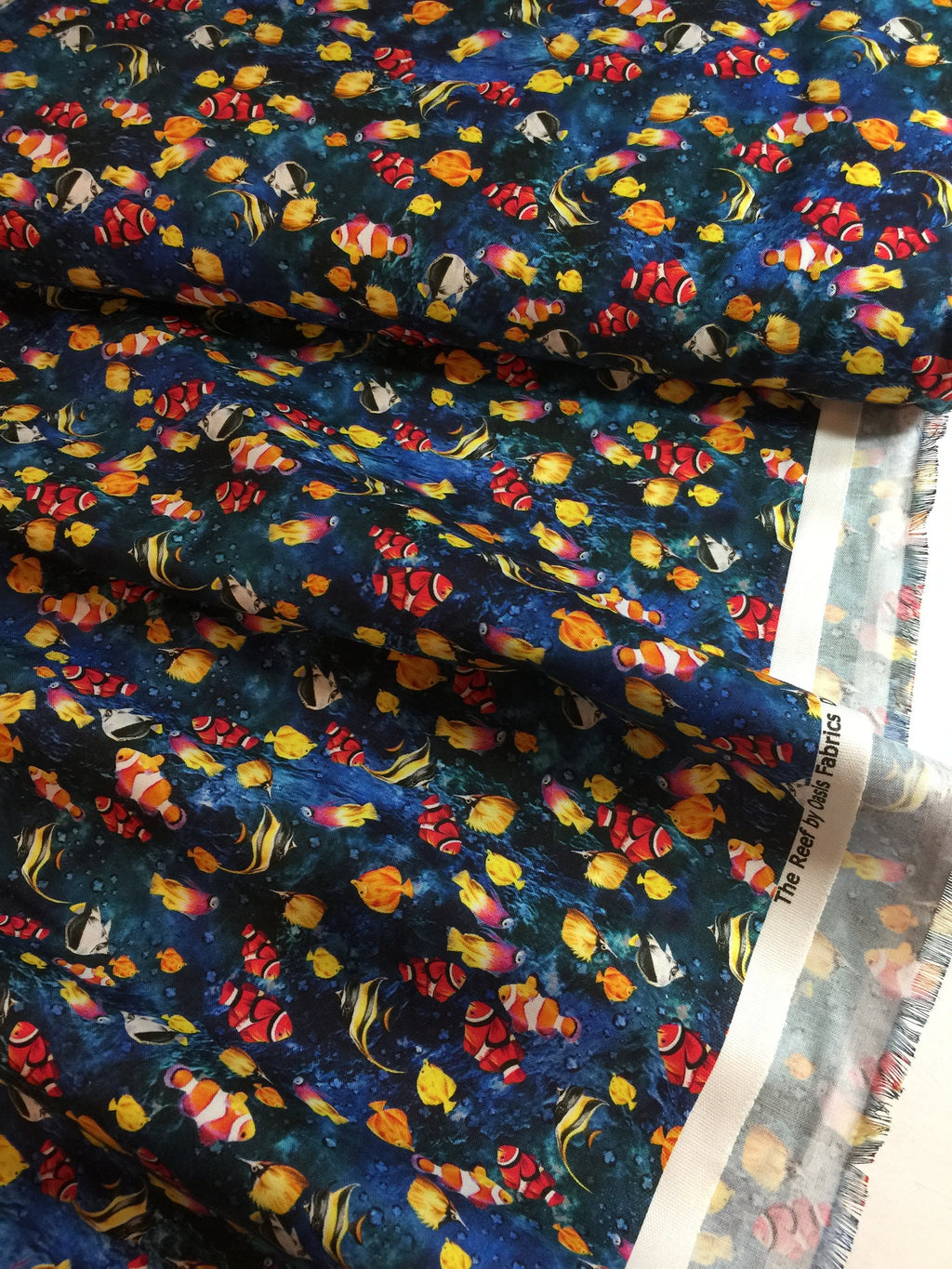 Coral Clown Fishies Fabric - Angel Fish -The Reef - FISHIES in Dark Blue by Oasis - Beach OA593831 -100% Quality Cotton - by Yard and Yardage