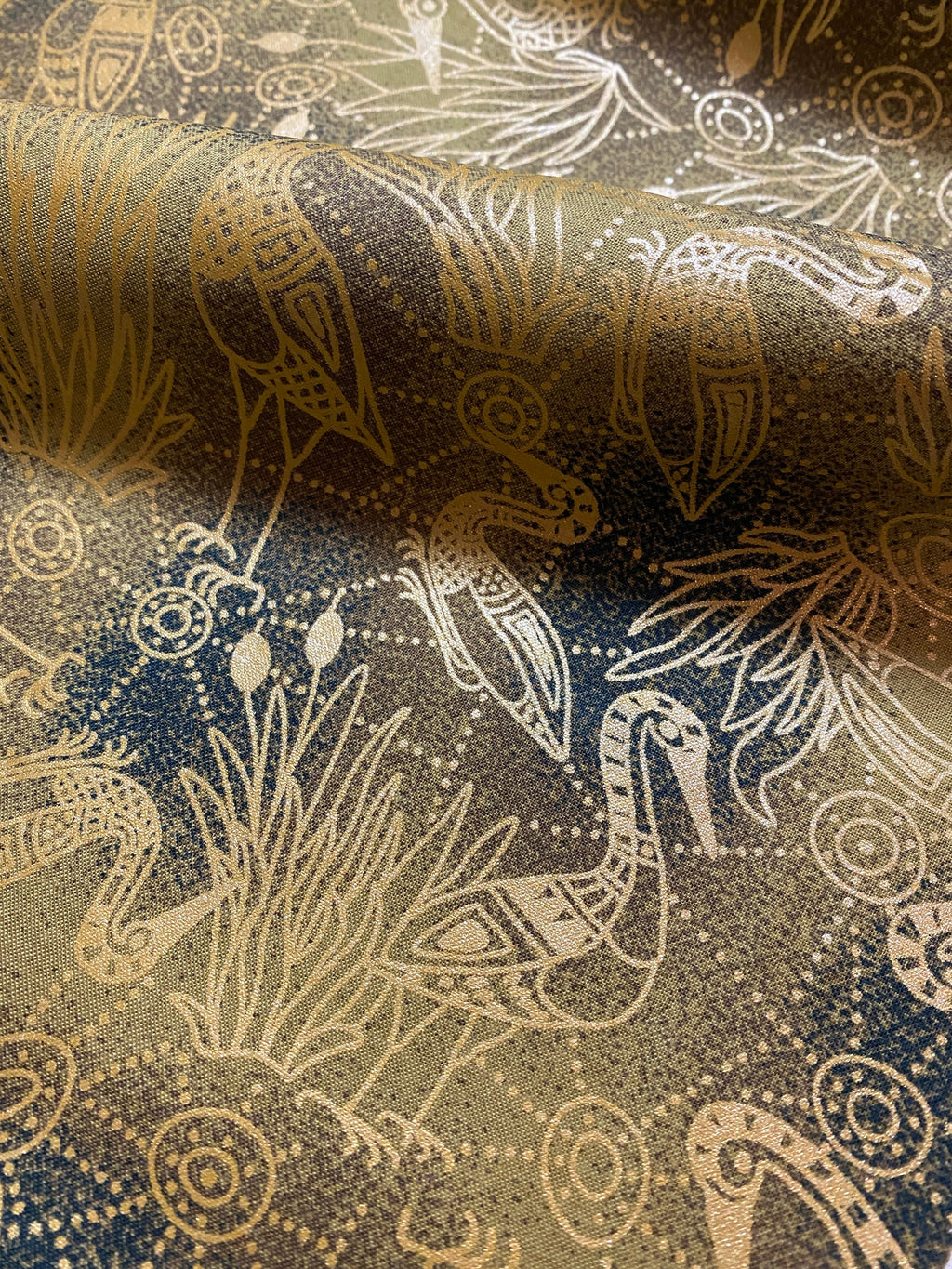 Australian Fabric -Brolga Dreaming Green with Metallic Gold by Nambooka - 100% Cotton M&S Textiles by 1/2 YD and Yardage
