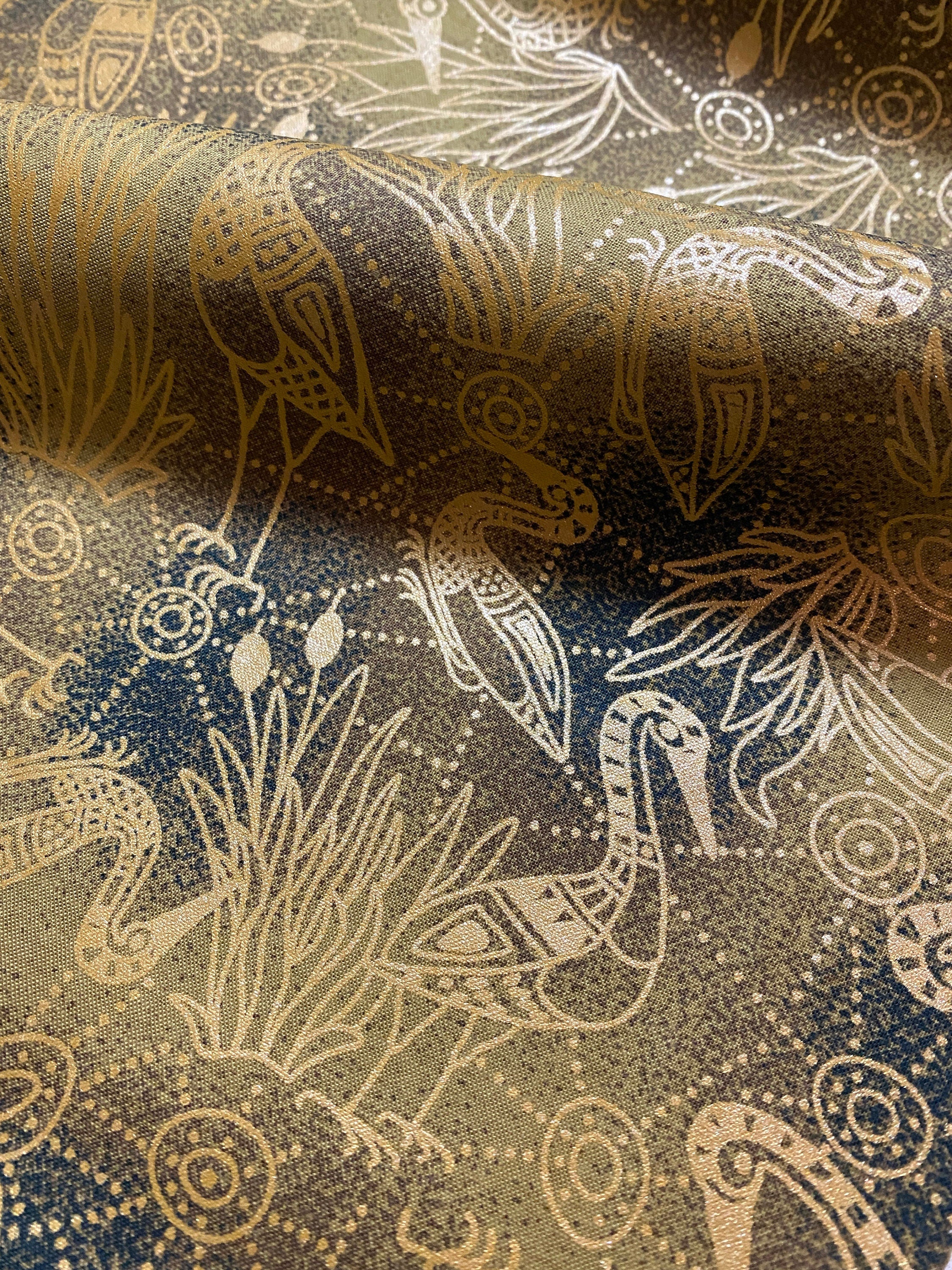 Australian Fabric -Brolga Dreaming Green with Metallic Gold by Nambooka - 100% Cotton M&S Textiles by 1/2 YD and Yardage