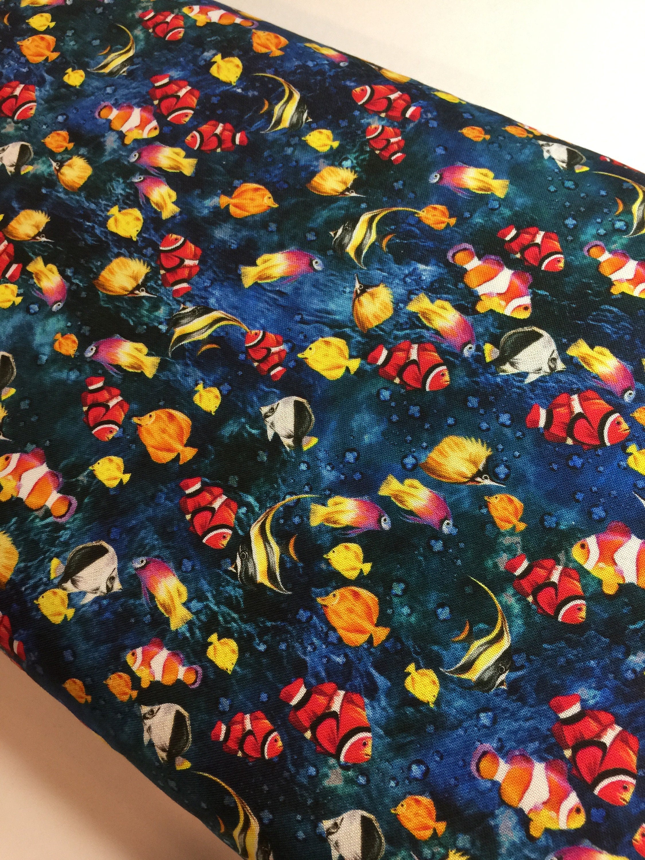 Coral Clown Fishies Fabric - Angel Fish -The Reef - FISHIES in Dark Blue by Oasis - Beach OA593831 -100% Quality Cotton - by Yard and Yardage