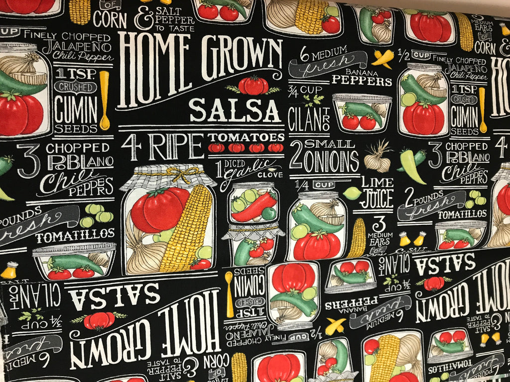 Garden Fabric - HOMEGROWN Salsa for Moda 19970 14 Recipes in Black Homegrown Salsa by Deb Strain Food Cooking - 100% Quality Cotton Yardage