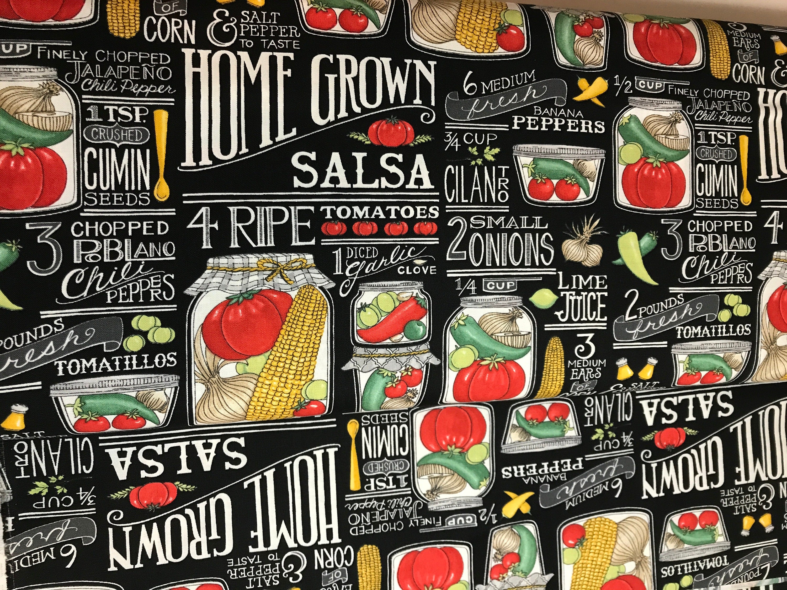 Garden Fabric - HOMEGROWN Salsa for Moda 19970 14 Recipes in Black Homegrown Salsa by Deb Strain Food Cooking - 100% Quality Cotton Yardage