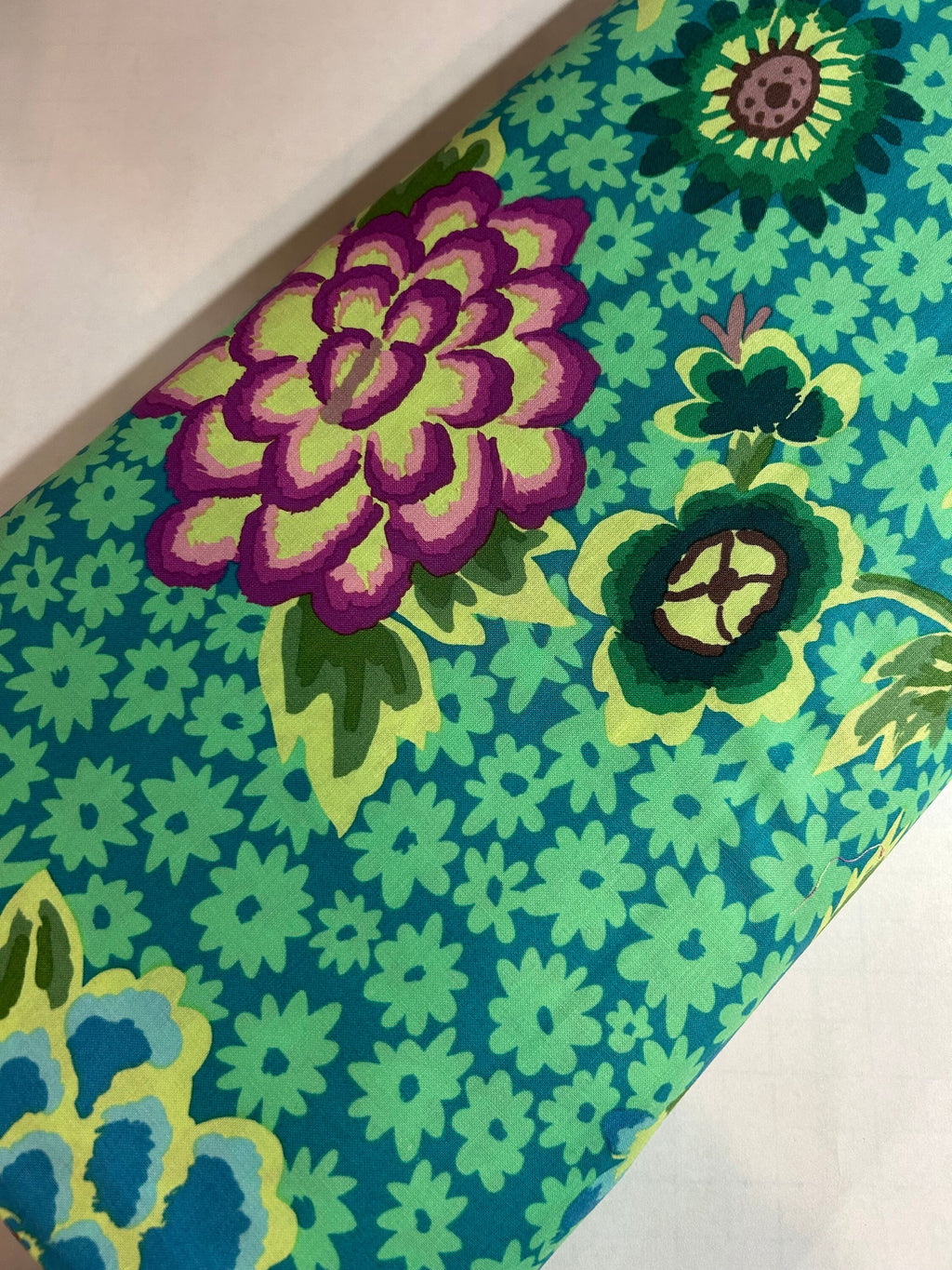 Kaffe Fassett Fabric  - Charlotte Flower in Teal  PWGP186.TEAL - 100% High Quality Cotton -By the 1/2 Yard and Yardage