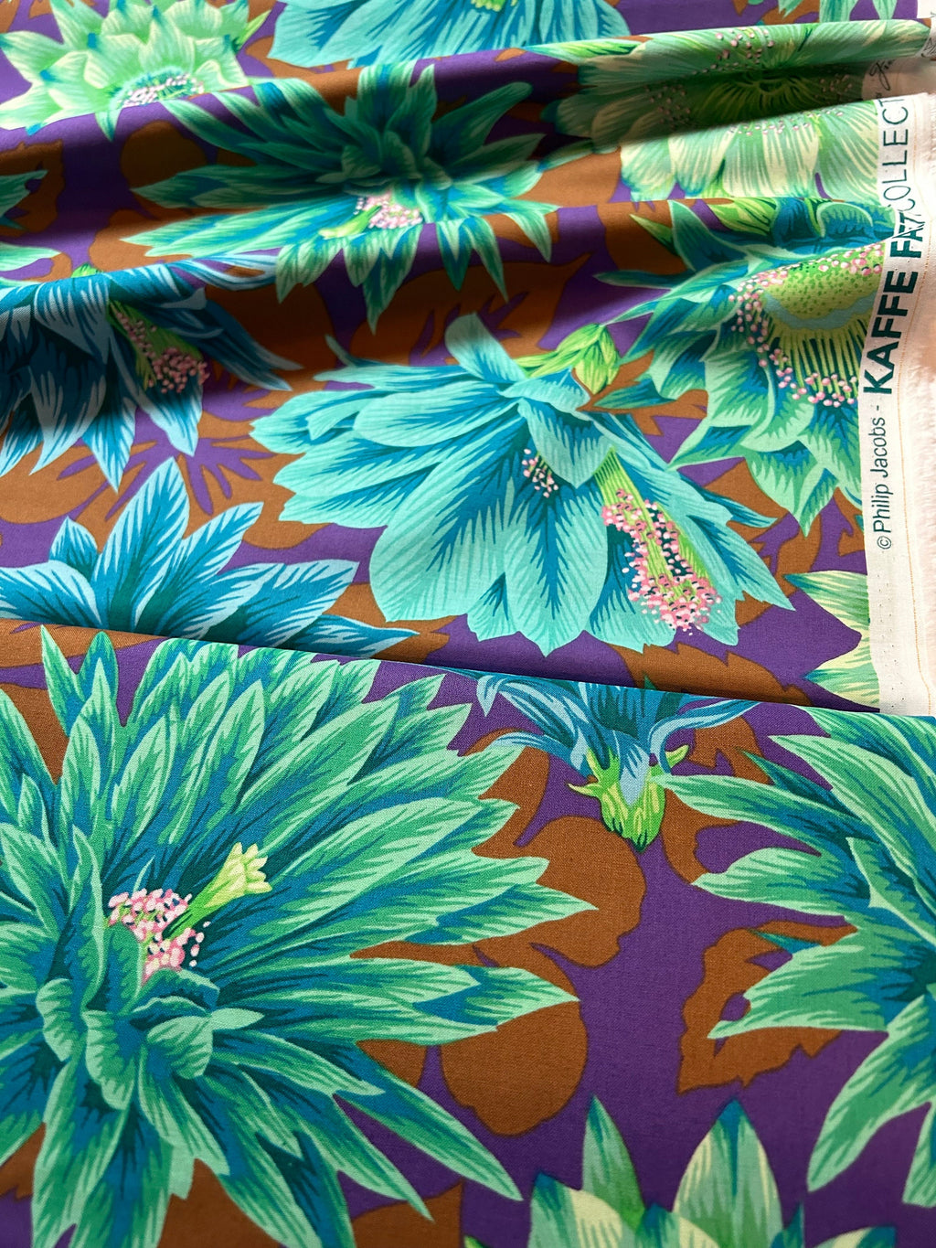 Kaffe Fassett Fabric- Cactus Flower PWPJ096.EMERALD Spring Collective 2021 by FreeSpirit - 100%  Quality Cotton - by 1/2 Yard