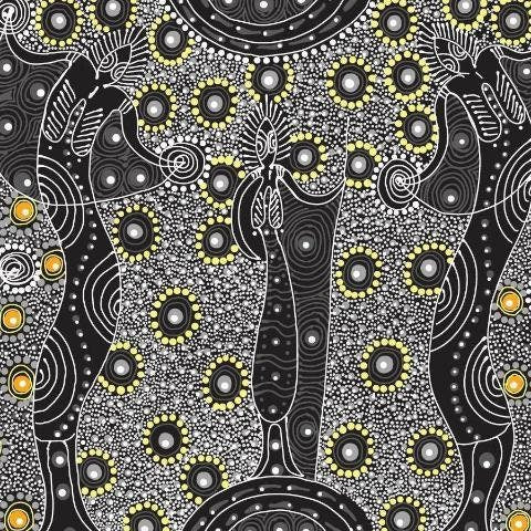 Australian Fabric - Dancing Spirit Black by Colleen Wallace -Aboriginal 100% Quality Cotton - M&S Textiles by FQ and Yardage