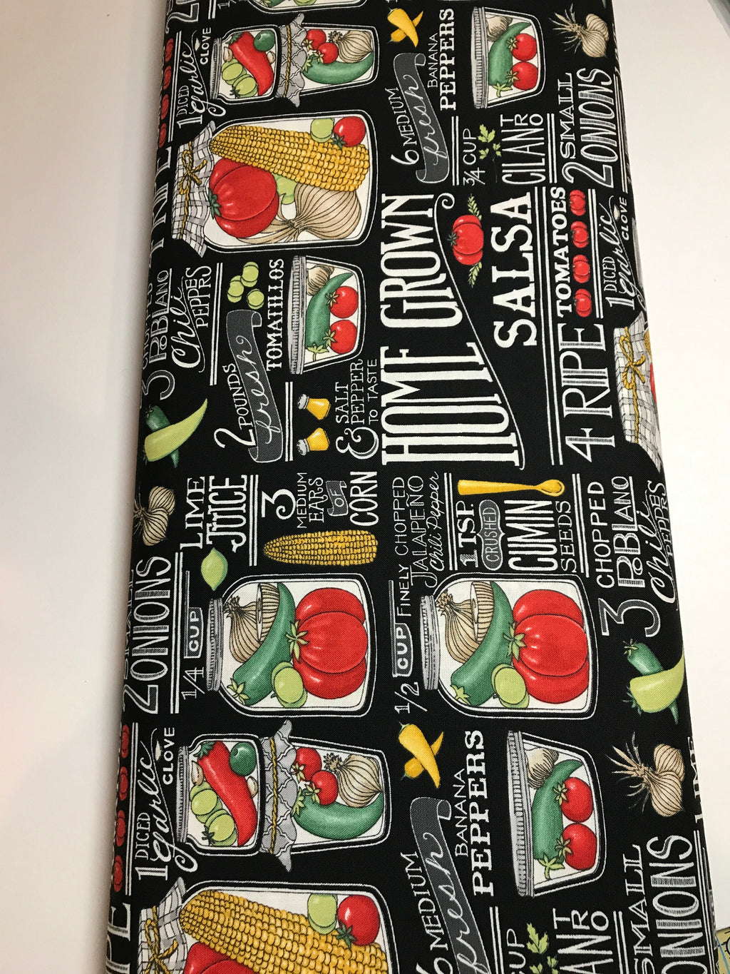 Garden Fabric - HOMEGROWN Salsa for Moda 19970 14 Recipes in Black Homegrown Salsa by Deb Strain Food Cooking - 100% Quality Cotton Yardage