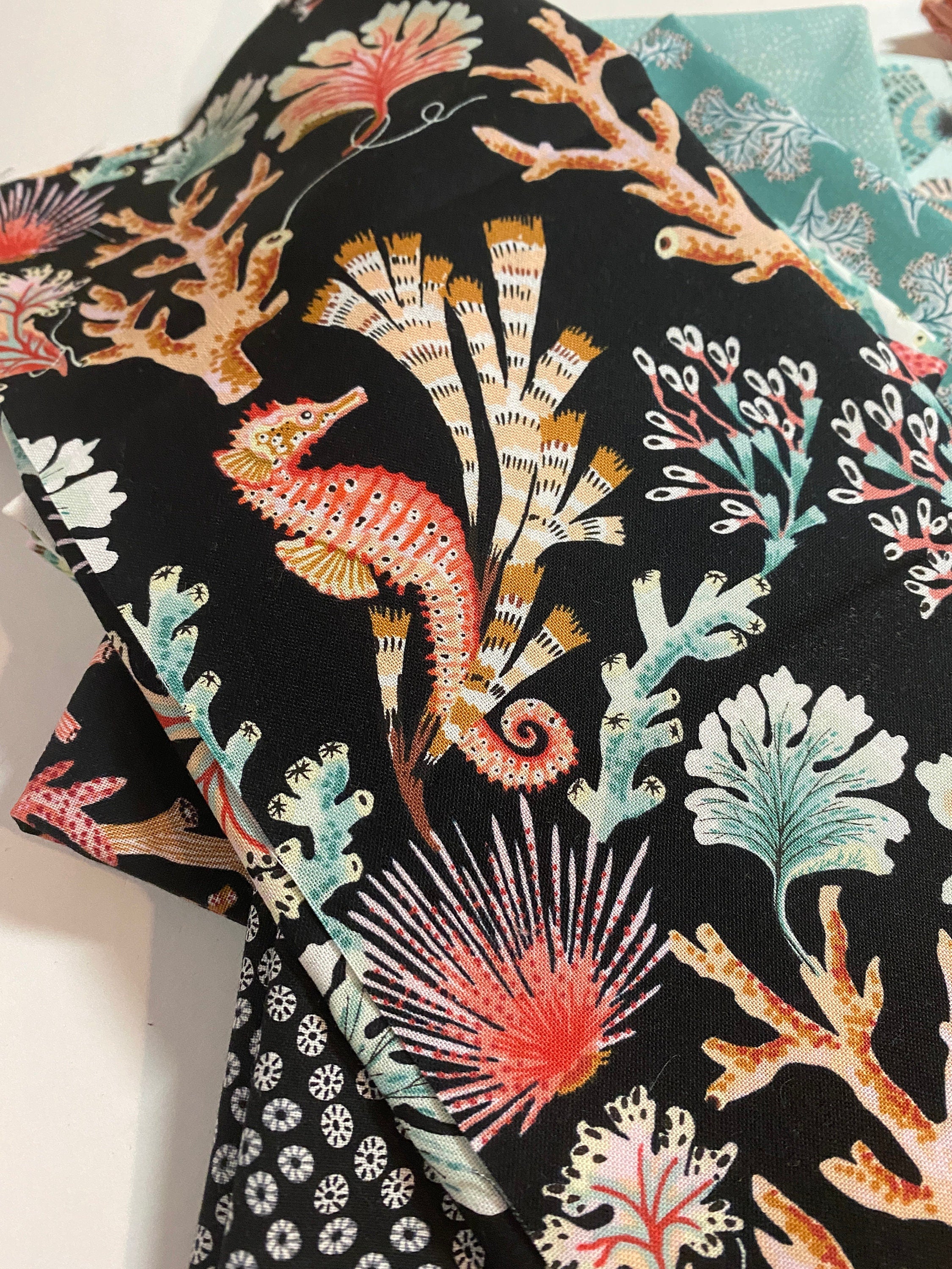 Sea Botanica FQ Bundle Fabric by Figo Tropical Ocean Seahorse  Florida Keys - Tropical Hawaiian Island OBX - 100% Quality Cotton 14 PC Fat 1/4 Bundle