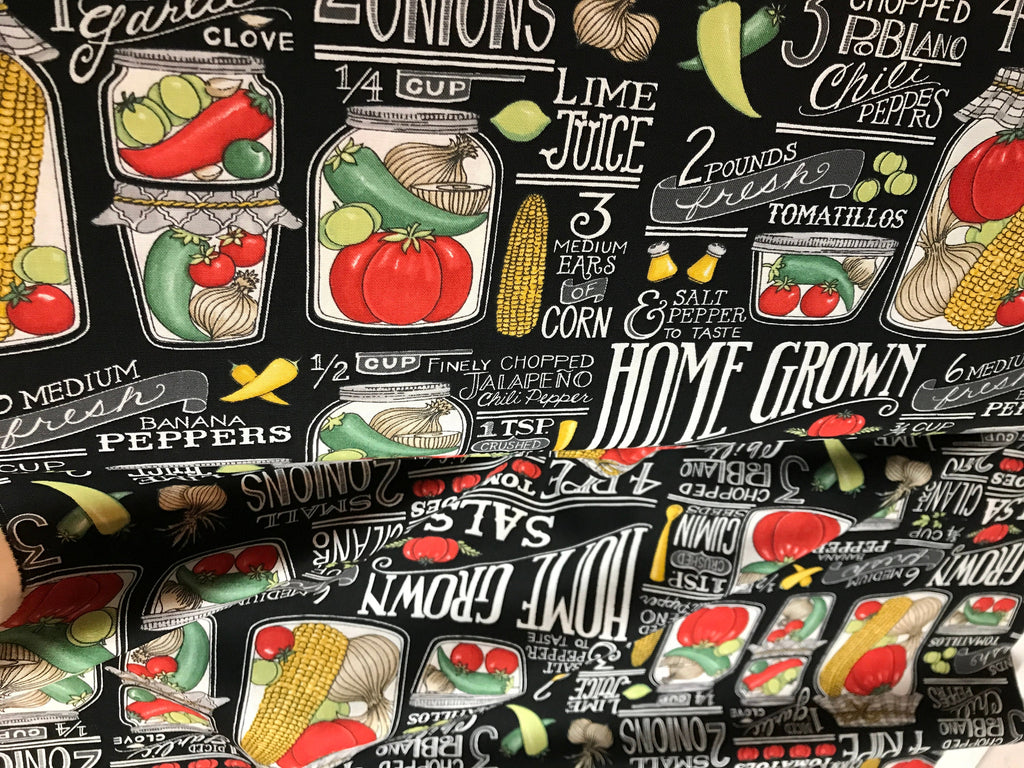 Garden Fabric - HOMEGROWN Salsa for Moda 19970 14 Recipes in Black Homegrown Salsa by Deb Strain Food Cooking - 100% Quality Cotton Yardage