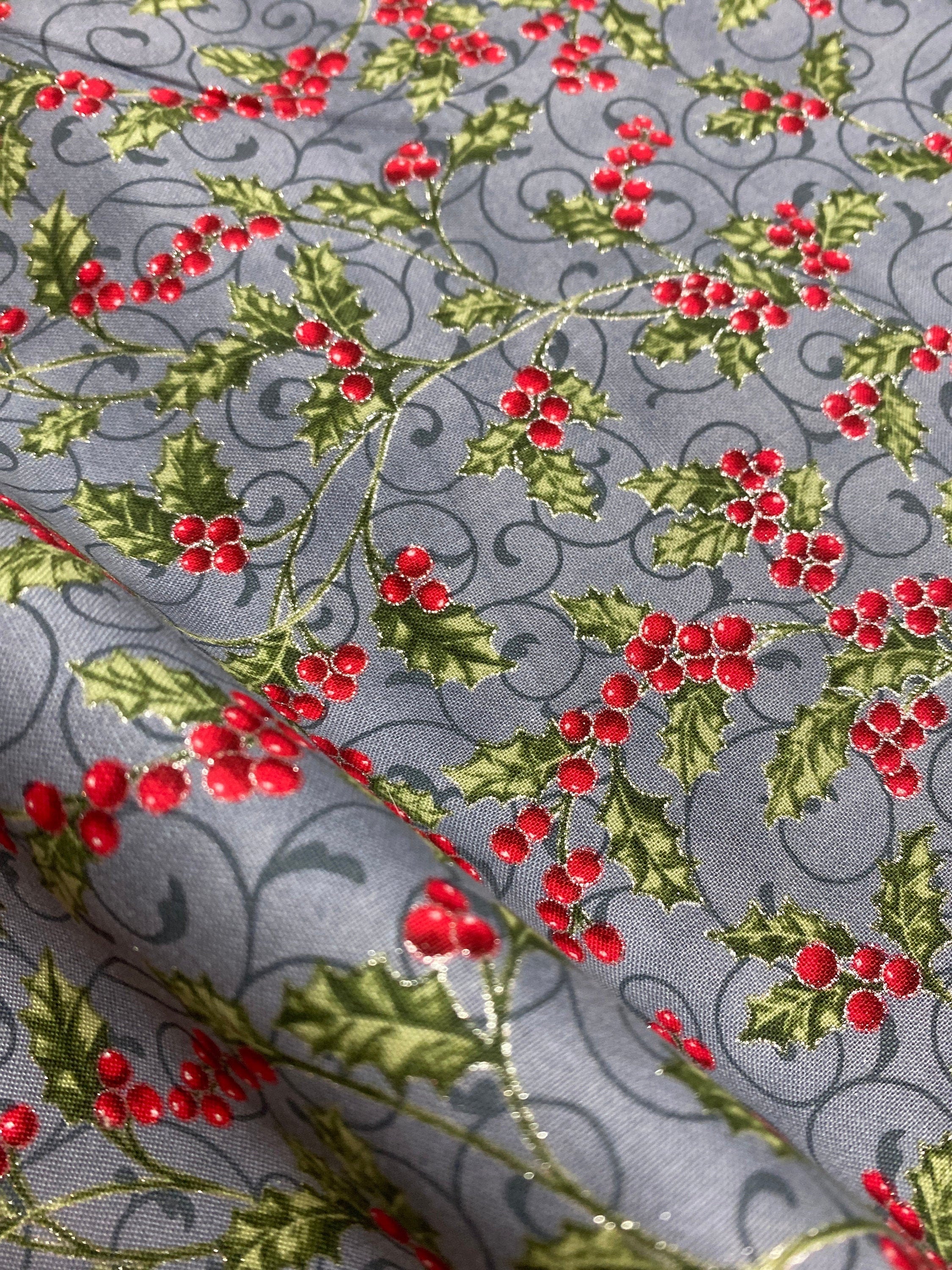 Winter Holiday Fabric -Holly Berries Storm/Silver  - 100% Quality Cotton by the Yard and Yardage Christmas