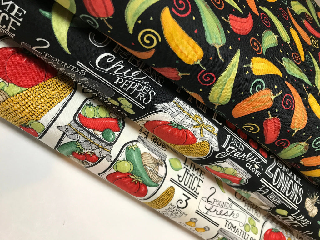 Garden Fabric - HOMEGROWN Salsa for Moda 19970 14 Recipes in Black Homegrown Salsa by Deb Strain Food Cooking - 100% Quality Cotton Yardage