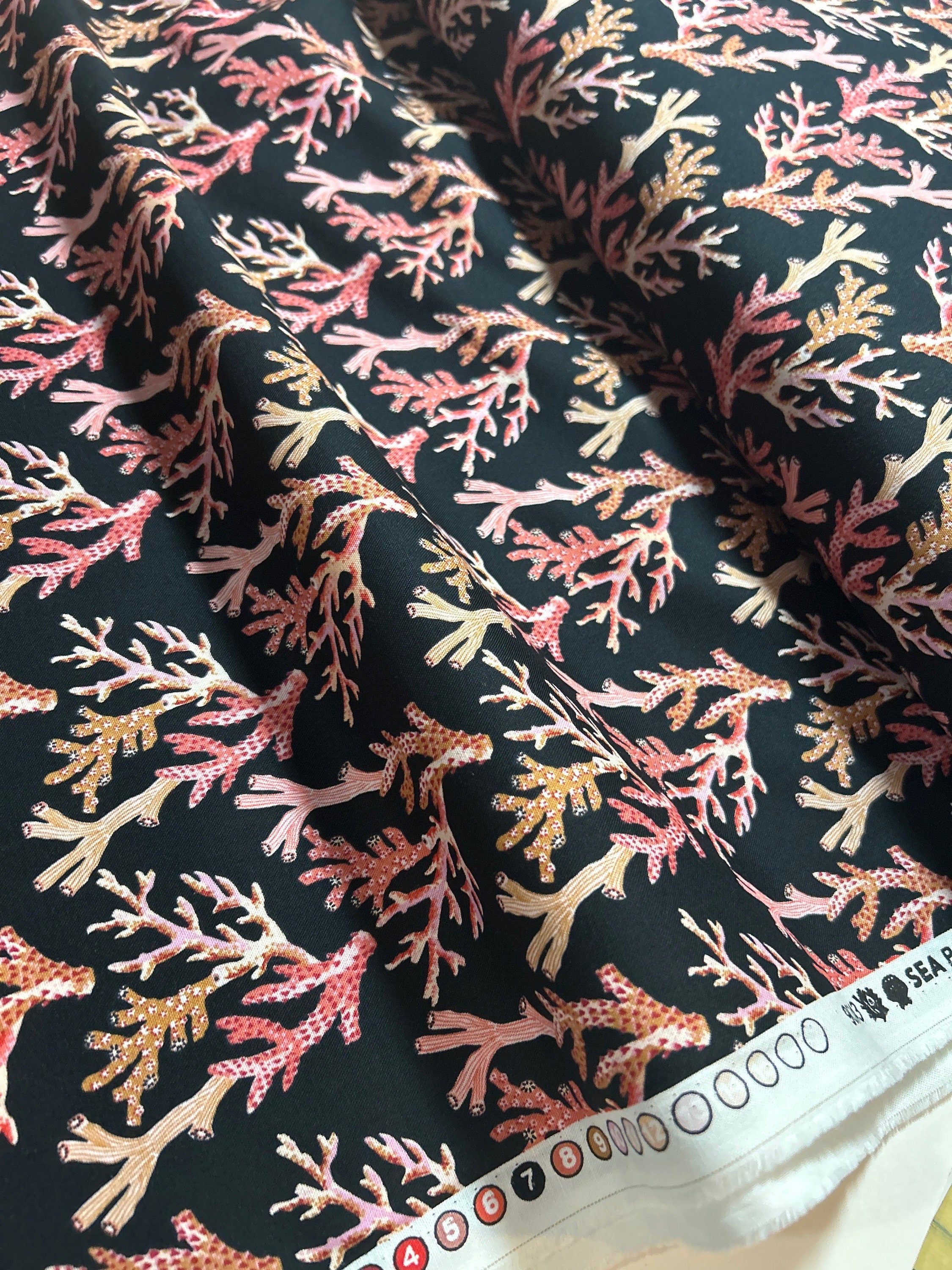 Tropical Fabric - Sea Shell Botanical by Figo - 902O43-99 Coral Hawaiian Island California Beach - 100% Quality Cotton Yard