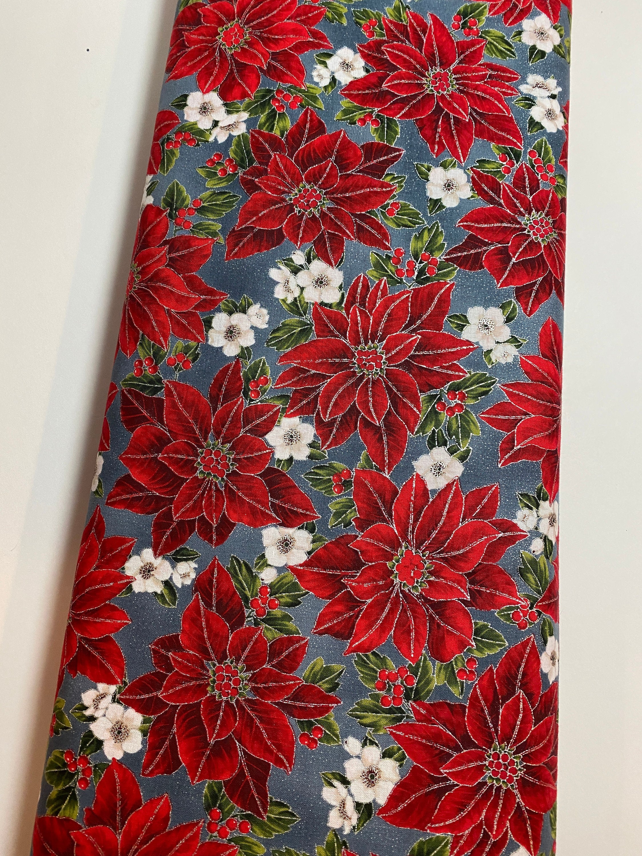 Winter Holiday Fabric -Poinsettias 97635 Storm/Silver Color 147S - 100% Quality Cotton