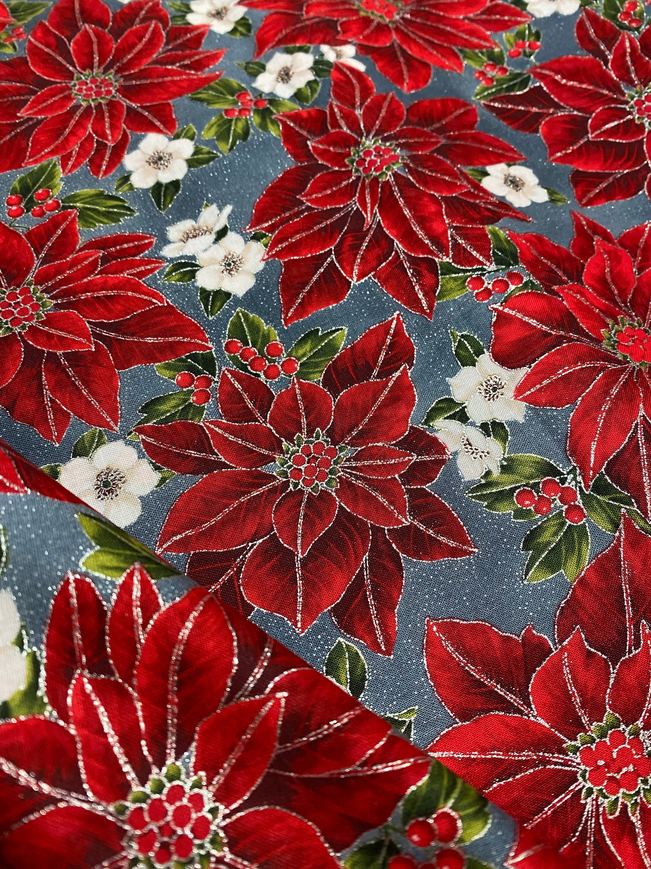 Winter Holiday Fabric -Poinsettias 97635 Storm/Silver Color 147S - 100% Quality Cotton