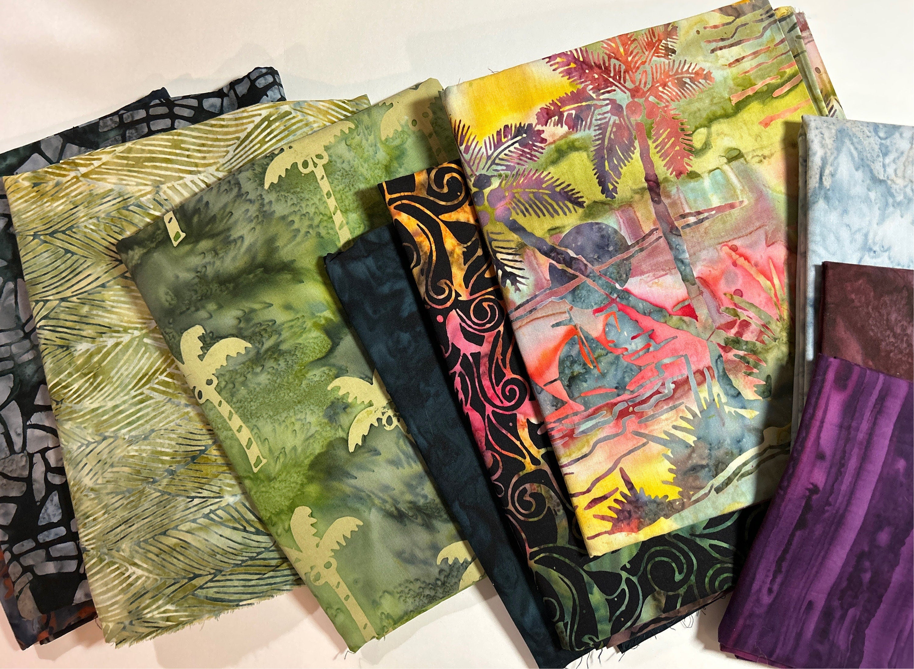 Batik Fabric - Bundle by Hoffman Fabrics Pattern 9-2023  - 100% Cotton Coordinated Yards 60”x70” NIGHTTIME PALMTREES with Free Pattern