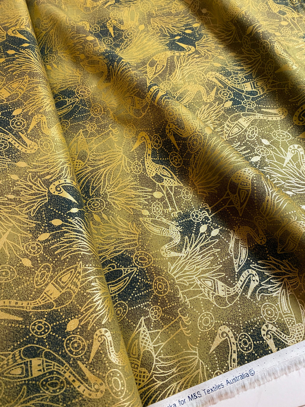 Australian Fabric -Brolga Dreaming Green with Metallic Gold by Nambooka - 100% Cotton M&S Textiles by 1/2 YD and Yardage