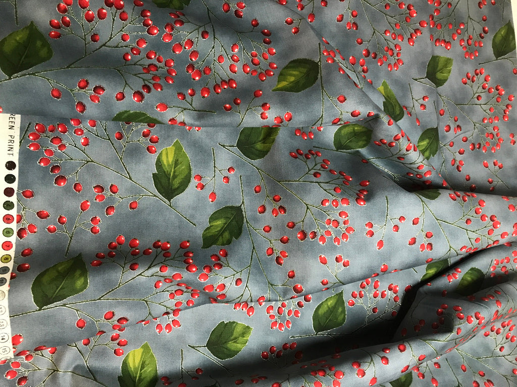 Winter Holiday Fabric -Holly Berries Storm/Silver 7641- 100% Quality Cotton by the Yard and Yardage