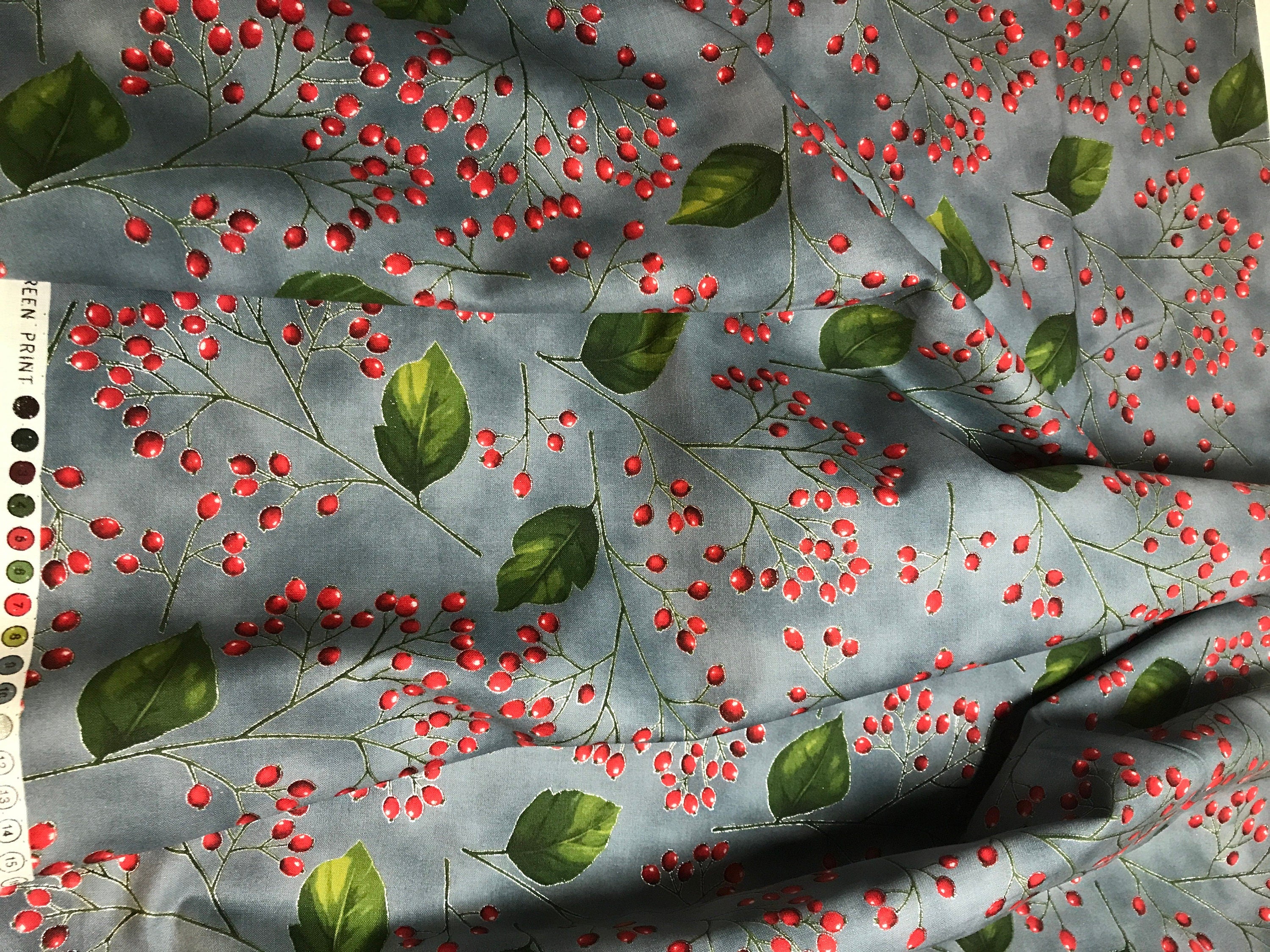 Winter Holiday Fabric -Holly Berries Storm/Silver 7641- 100% Quality Cotton by the Yard and Yardage