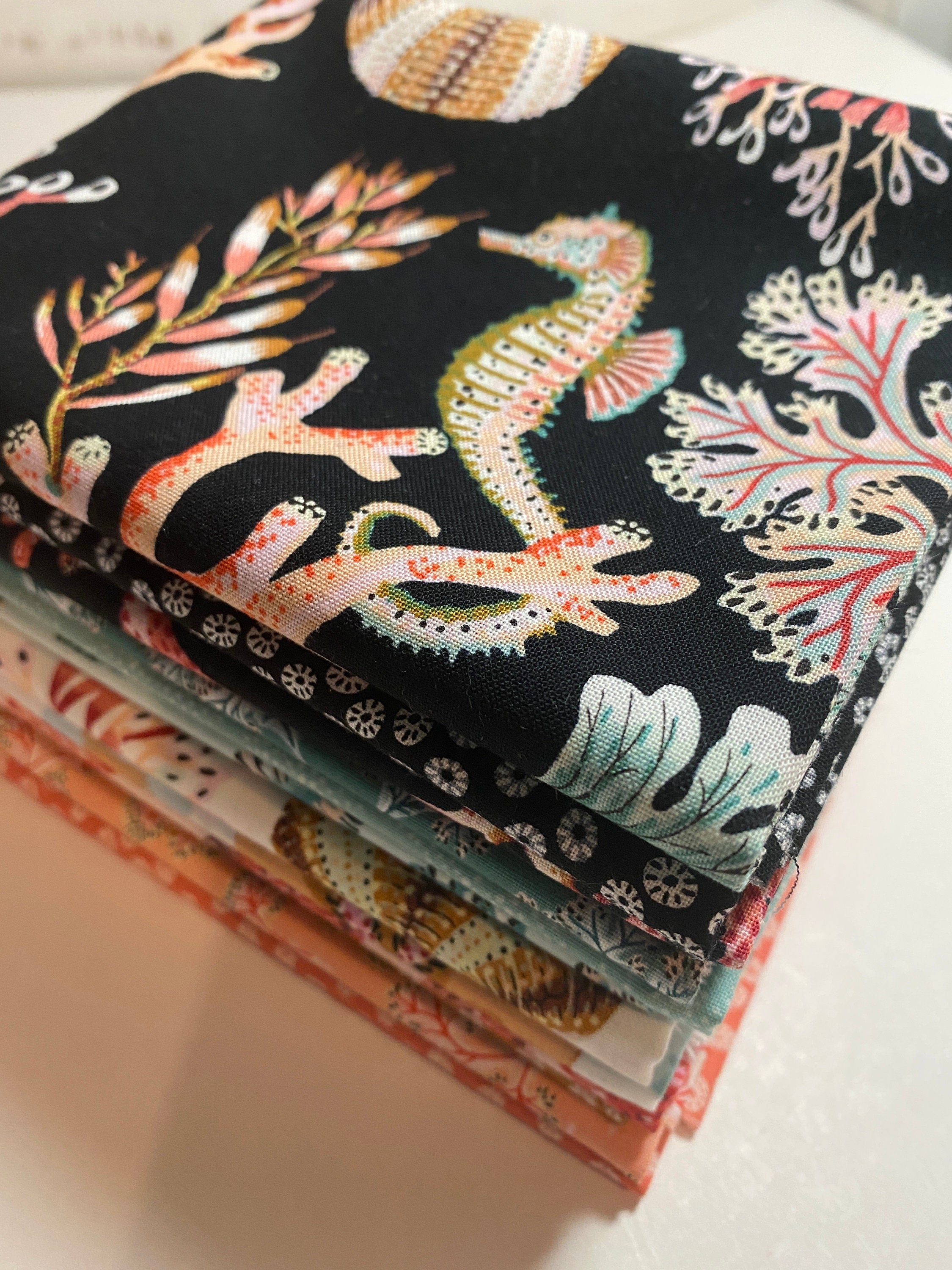 Sea Botanica FQ Bundle Fabric by Figo Tropical Ocean Seahorse  Florida Keys - Tropical Hawaiian Island OBX - 100% Quality Cotton 14 PC Fat 1/4 Bundle