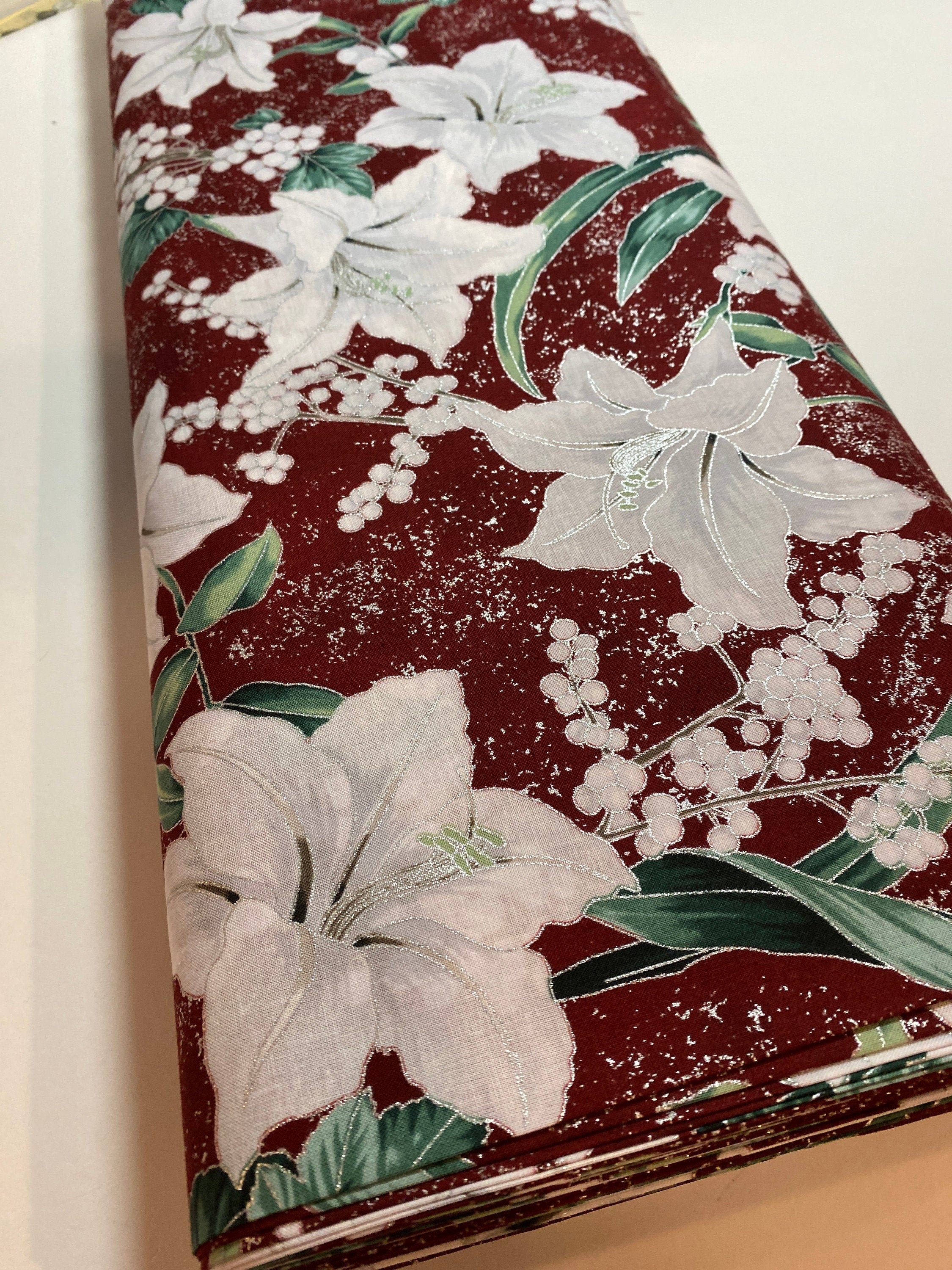 Winter Holiday Fabric -White Lilies R 7673 Garnet/Silver  - 100% Quality Cotton by the Yard and Yardage
