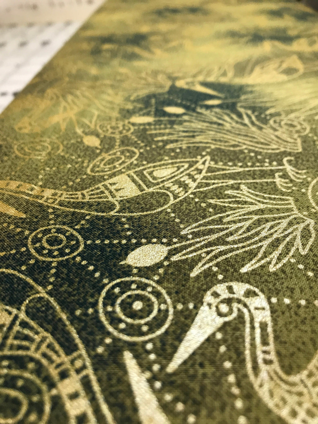 Australian Fabric -Brolga Dreaming Green with Metallic Gold by Nambooka - 100% Cotton M&S Textiles by 1/2 YD and Yardage
