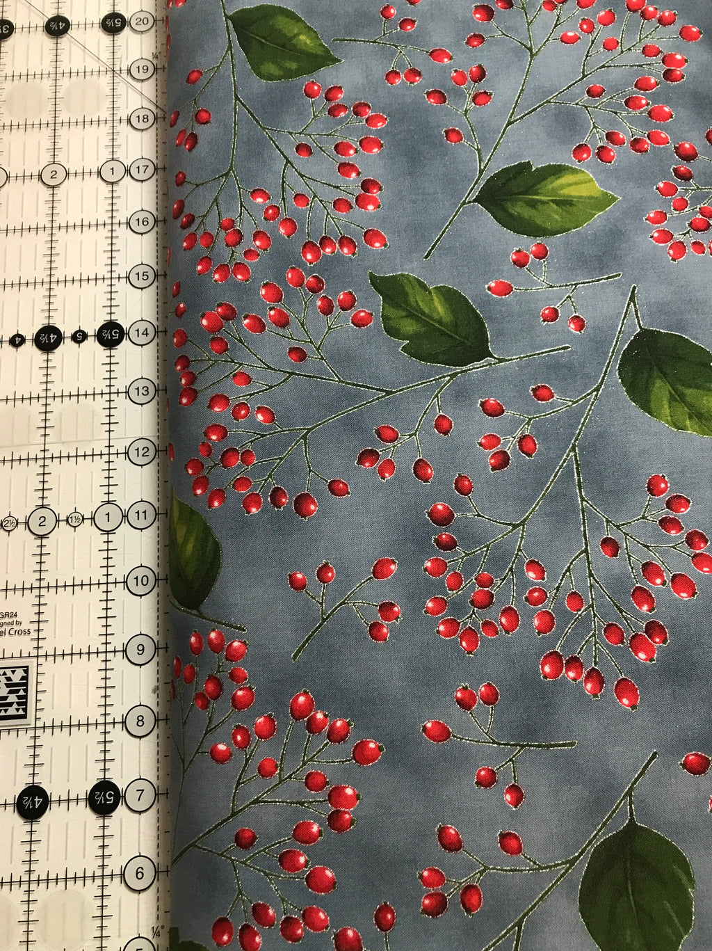 Winter Holiday Fabric -Holly Berries Storm/Silver 7641- 100% Quality Cotton by the Yard and Yardage