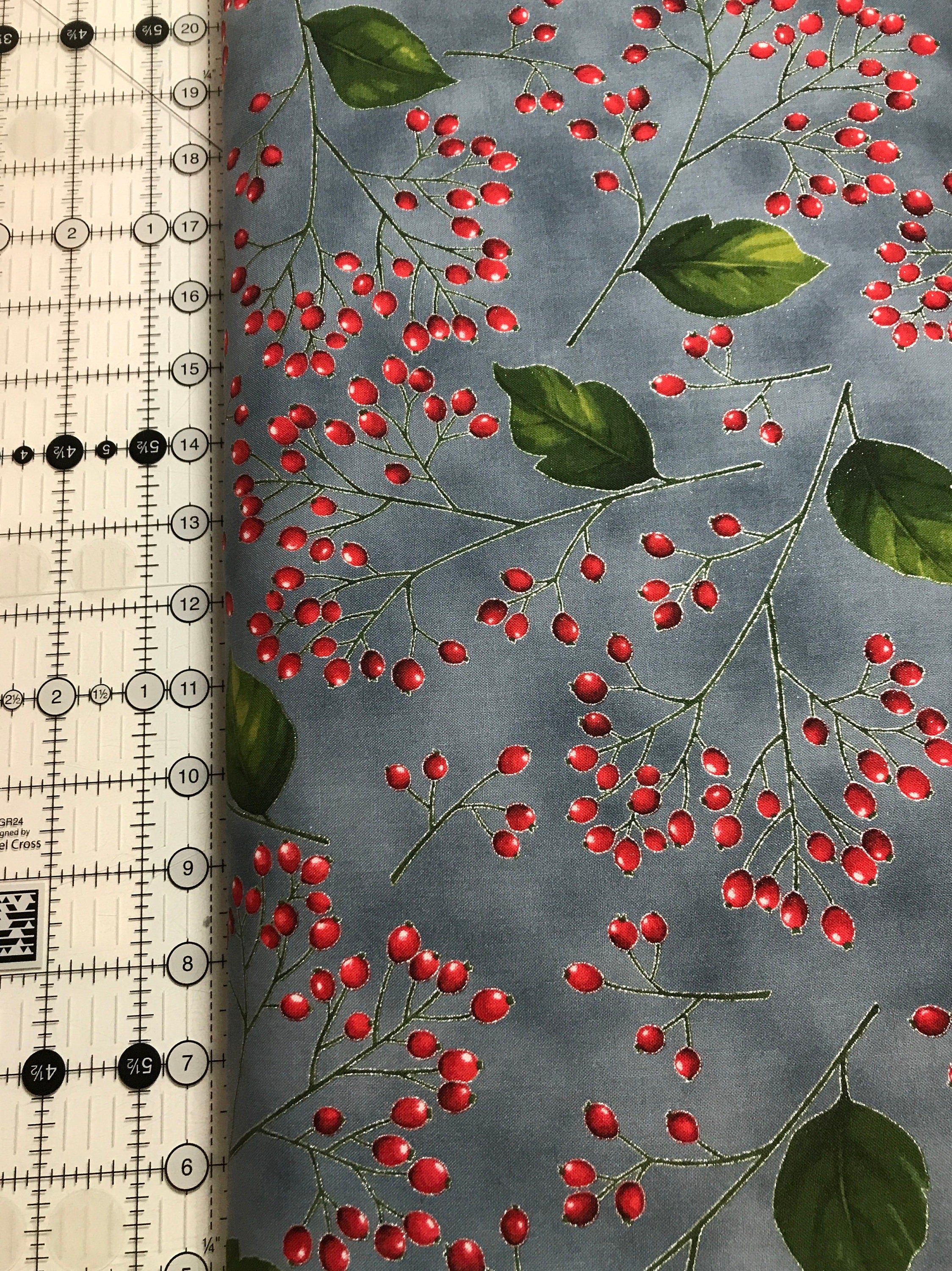 Winter Holiday Fabric -Holly Berries Storm/Silver 7641- 100% Quality Cotton by the Yard and Yardage