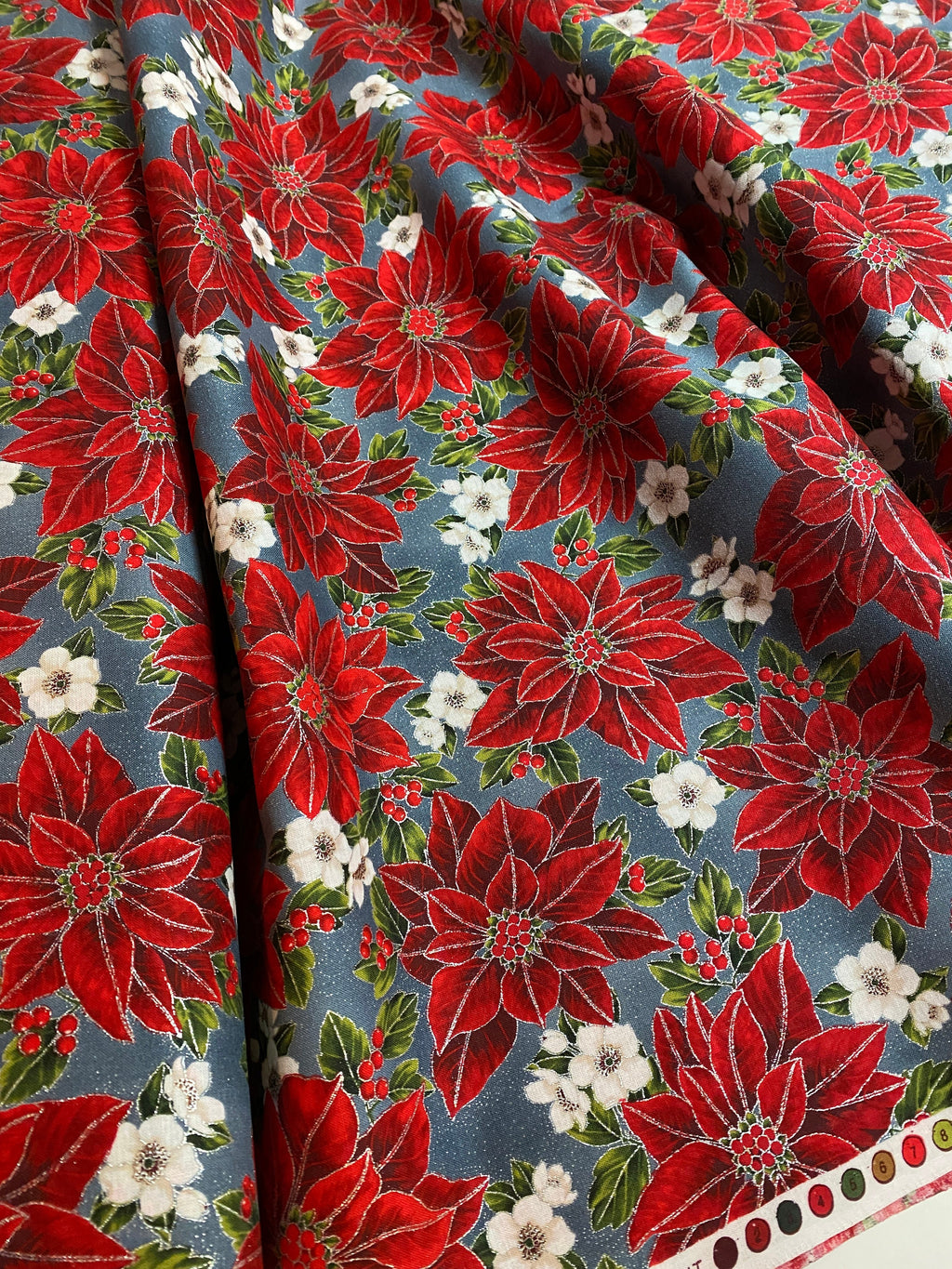 Winter Holiday Fabric -Poinsettias 97635 Storm/Silver Color 147S - 100% Quality Cotton