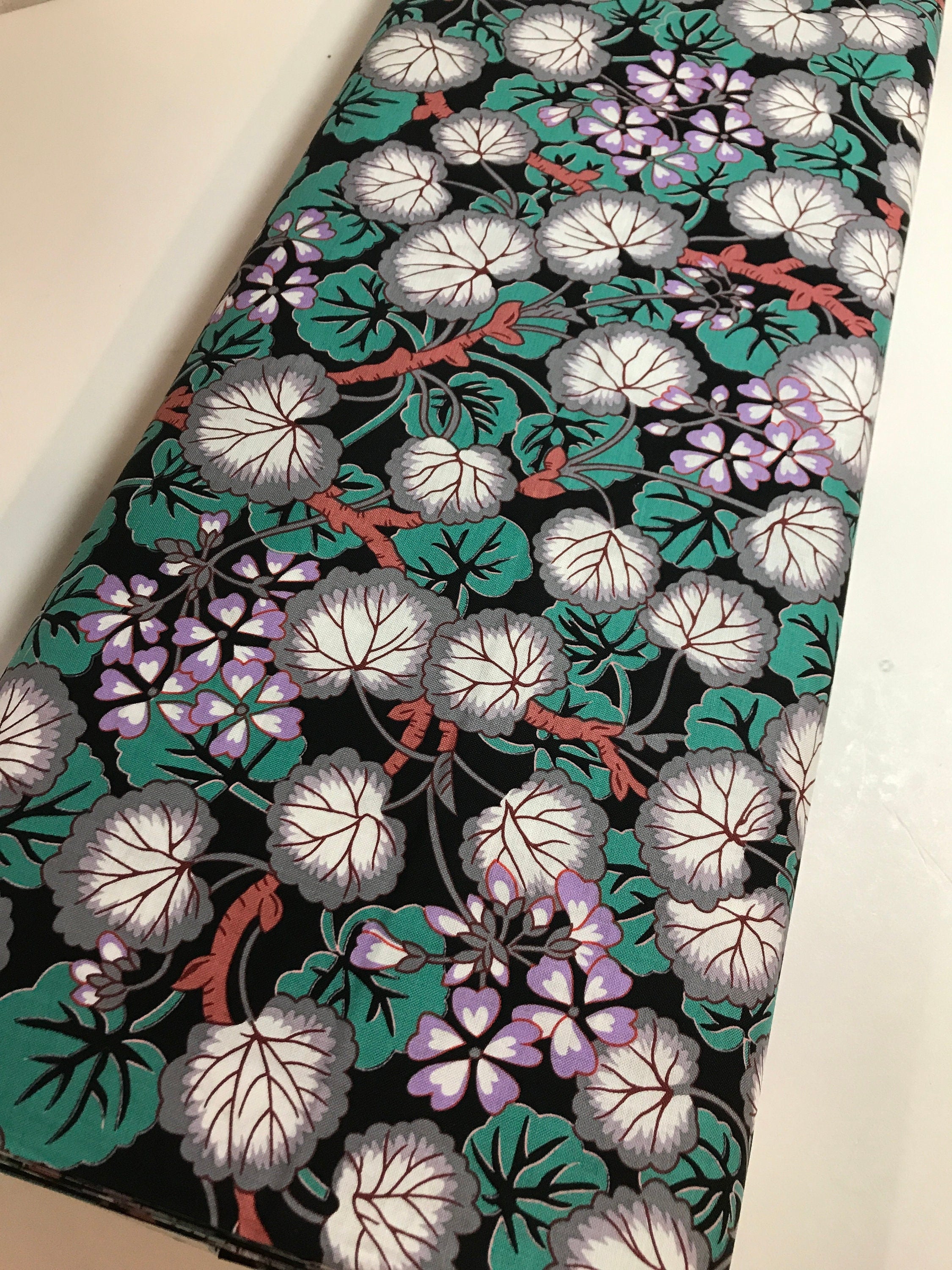 Kaffe Fassett Fabric - Climbing Geraniums in Black - Fall Collective 2021 by FreeSpirit -100%  Quality Cotton by the FQ, 1/2 Yd and YARDAGE
