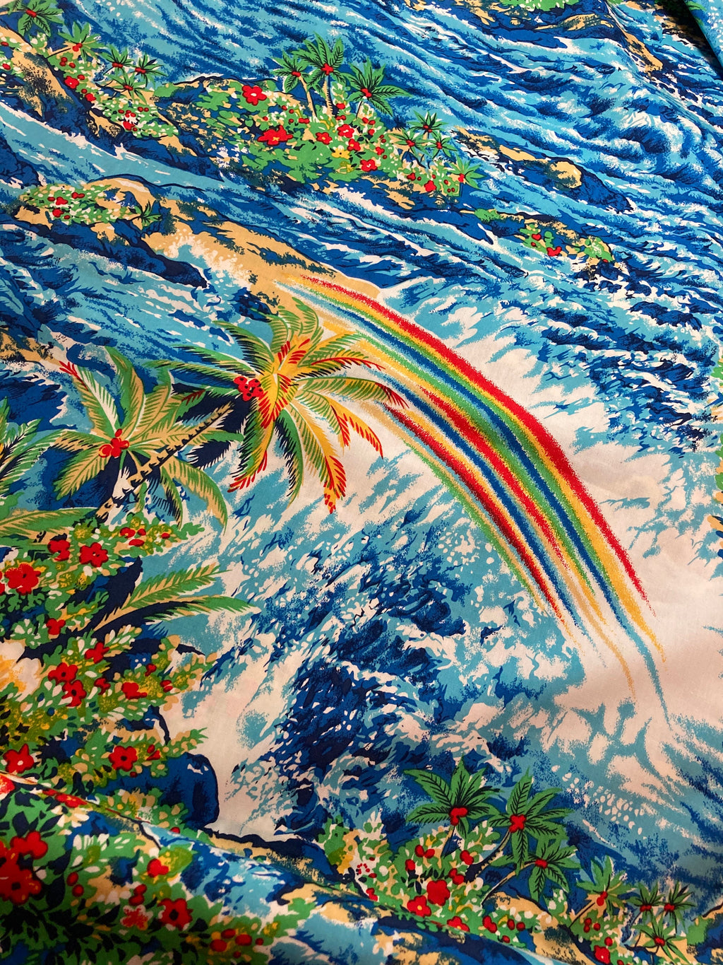 Beach Fabric Hawaiian in Blue - Hoffman Fabrics - Beach Ocean Rainbow Floral Palm Tree - 100% Quality Cotton 1/4 Yd and Yardage