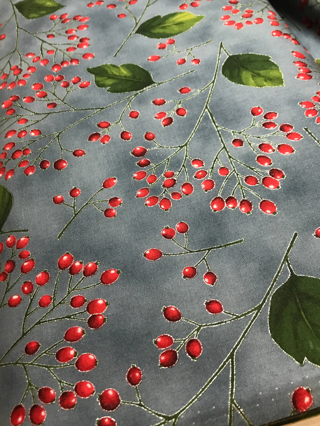 Winter Holiday Fabric -Holly Berries Storm/Silver 7641- 100% Quality Cotton by the Yard and Yardage
