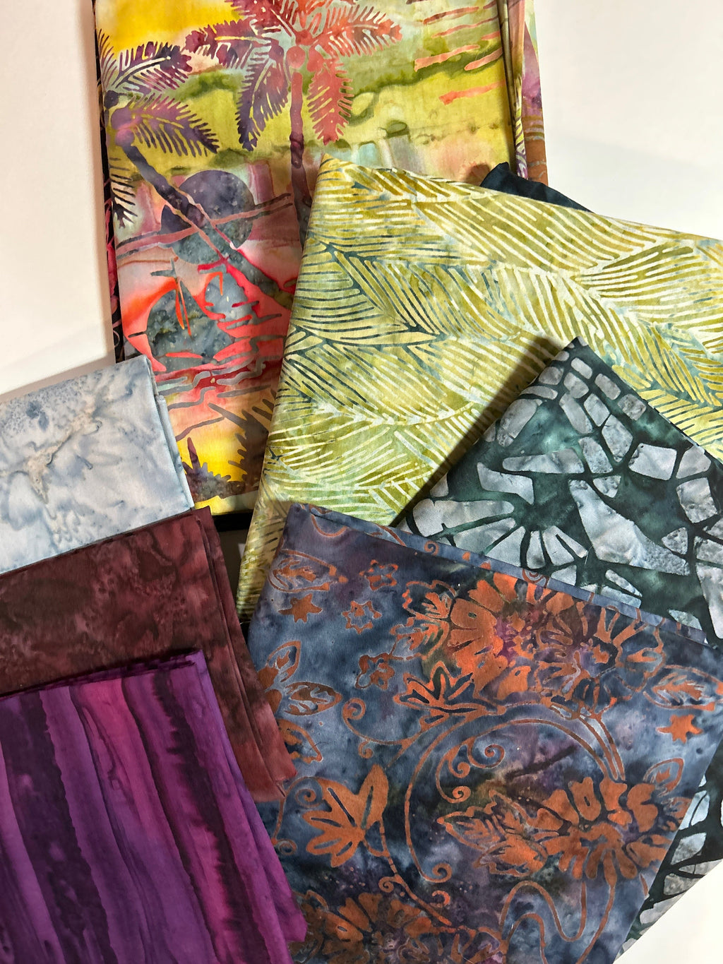 Batik Fabric - Bundle by Hoffman Fabrics Pattern 9-2023  - 100% Cotton Coordinated Yards 60”x70” NIGHTTIME PALMTREES with Free Pattern