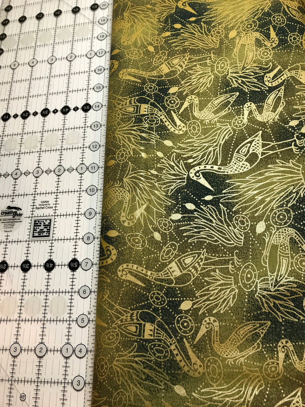 Australian Fabric -Brolga Dreaming Green with Metallic Gold by Nambooka - 100% Cotton M&S Textiles by 1/2 YD and Yardage