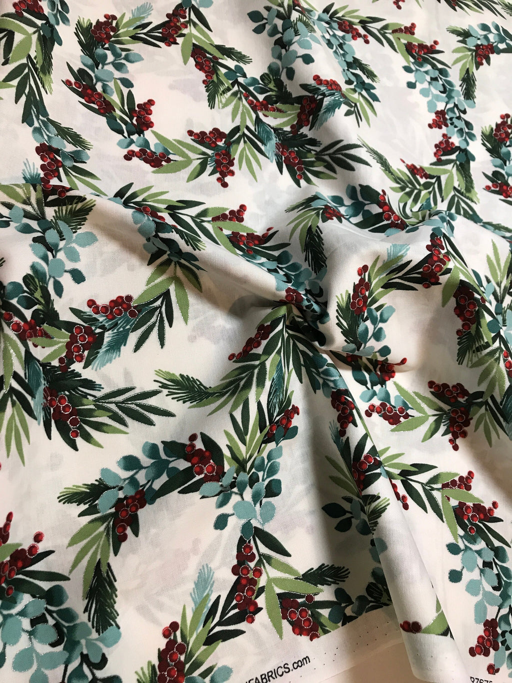 Winter Holiday Fabric -R7675 -Holiday Berry In Natural/Silver - 100% Quality Cotton by the Yard and Yardage Christmas