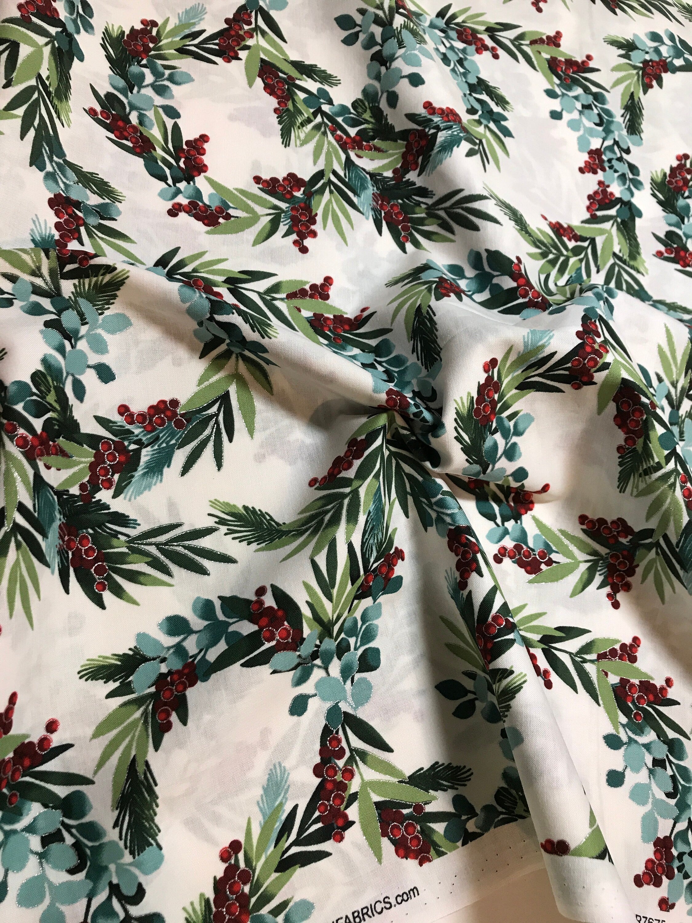 Winter Holiday Fabric -R7675 -Holiday Berry In Natural/Silver - 100% Quality Cotton by the Yard and Yardage Christmas